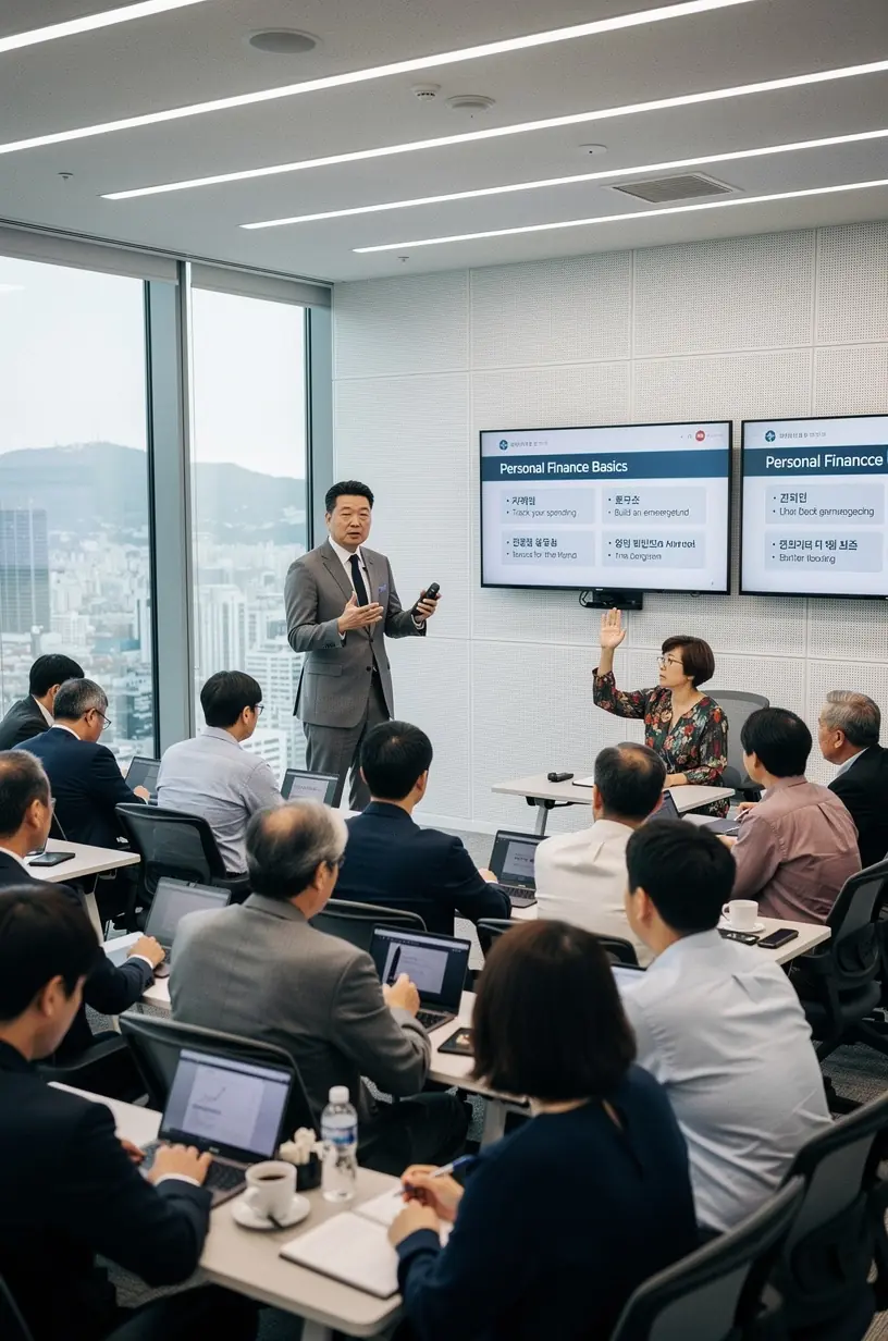 Skupina ľudí diskutujúcich o finančných stratégiách počas offline workshopu.